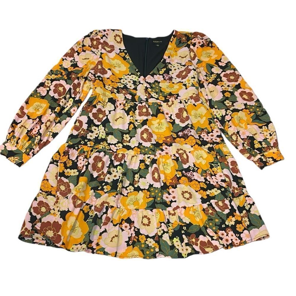 Sugarlips Floral Tiered Long Sleeve Dress in Mustard, Pink, Olive